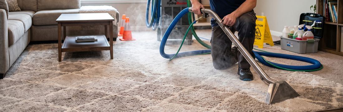 Carpet steam cleaning in progress