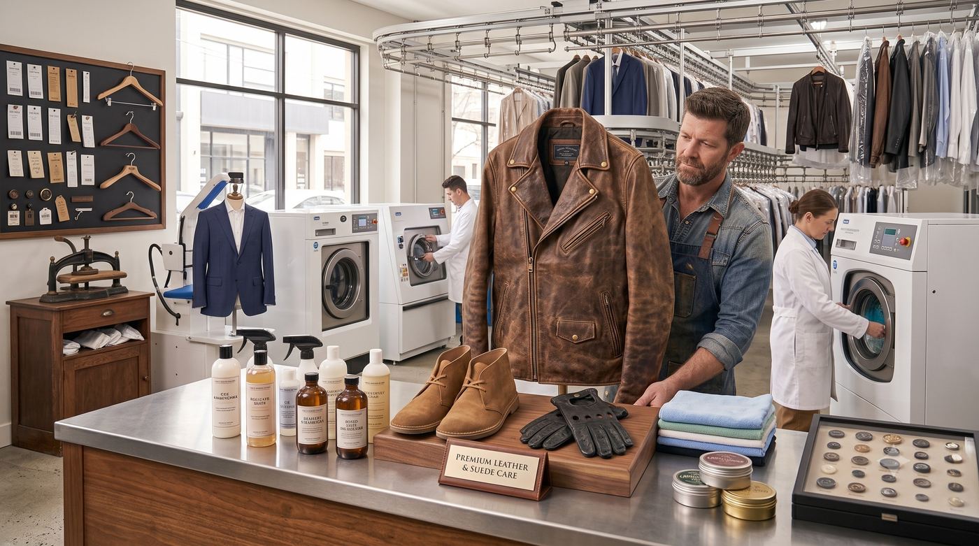 Leather jacket, suede boots and gloves at the leather care bench