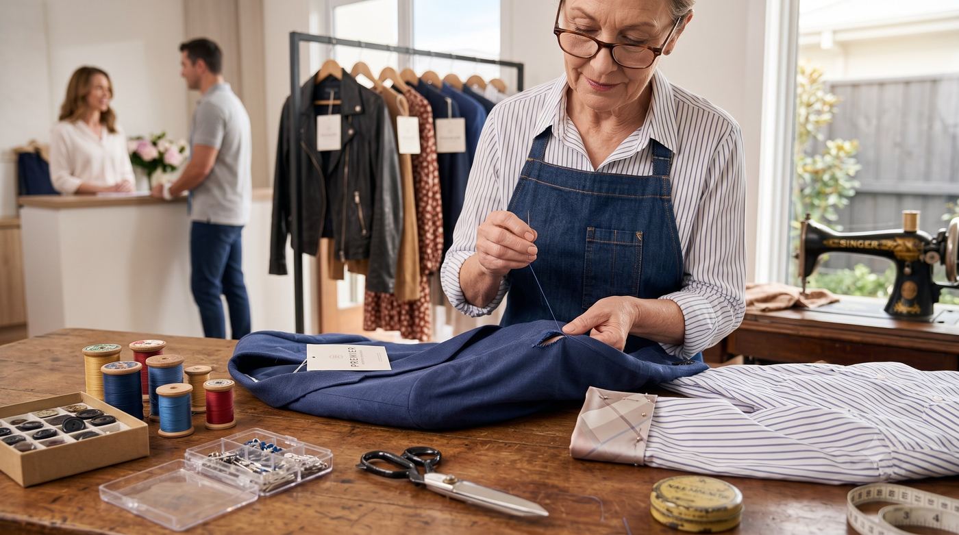 Seamstress hand-stitching a jacket repair at the alterations bench