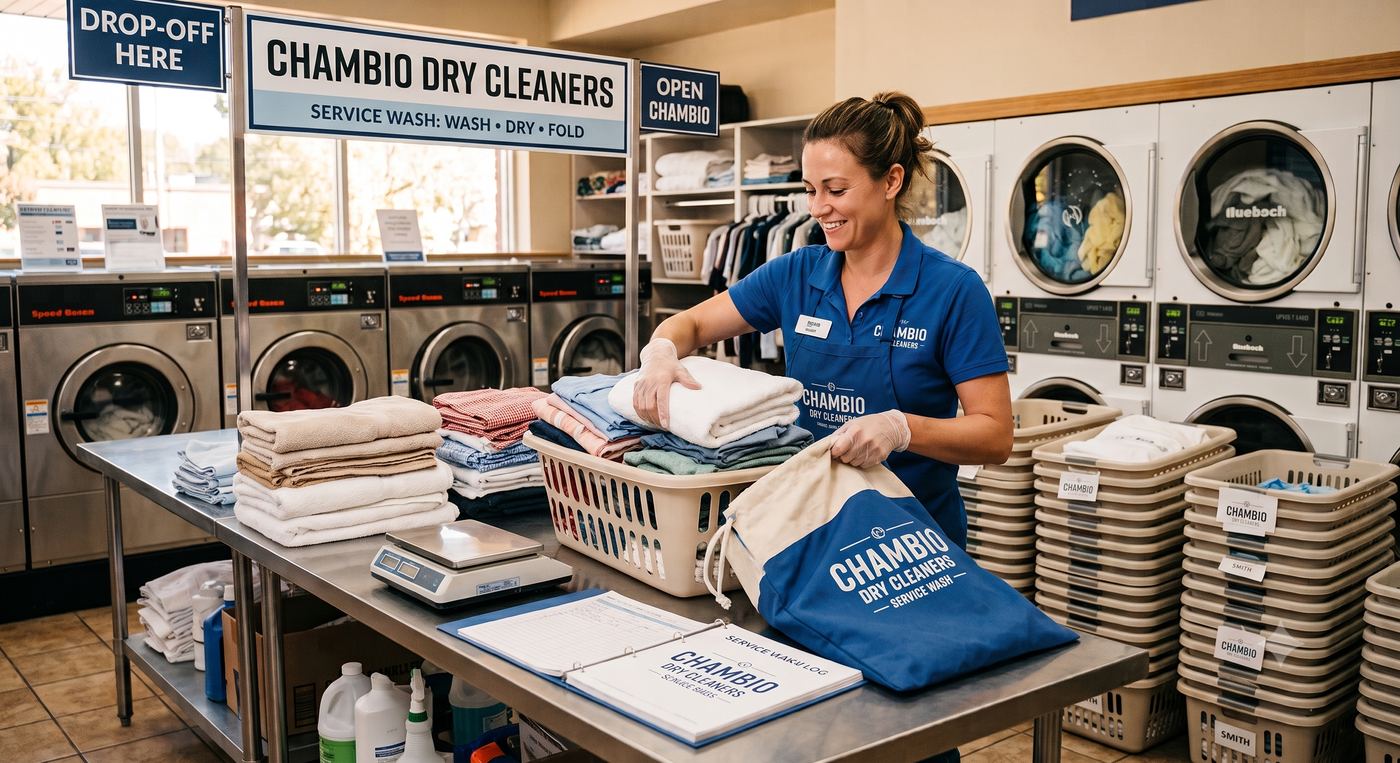 Staff member folding towels and preparing a service wash order