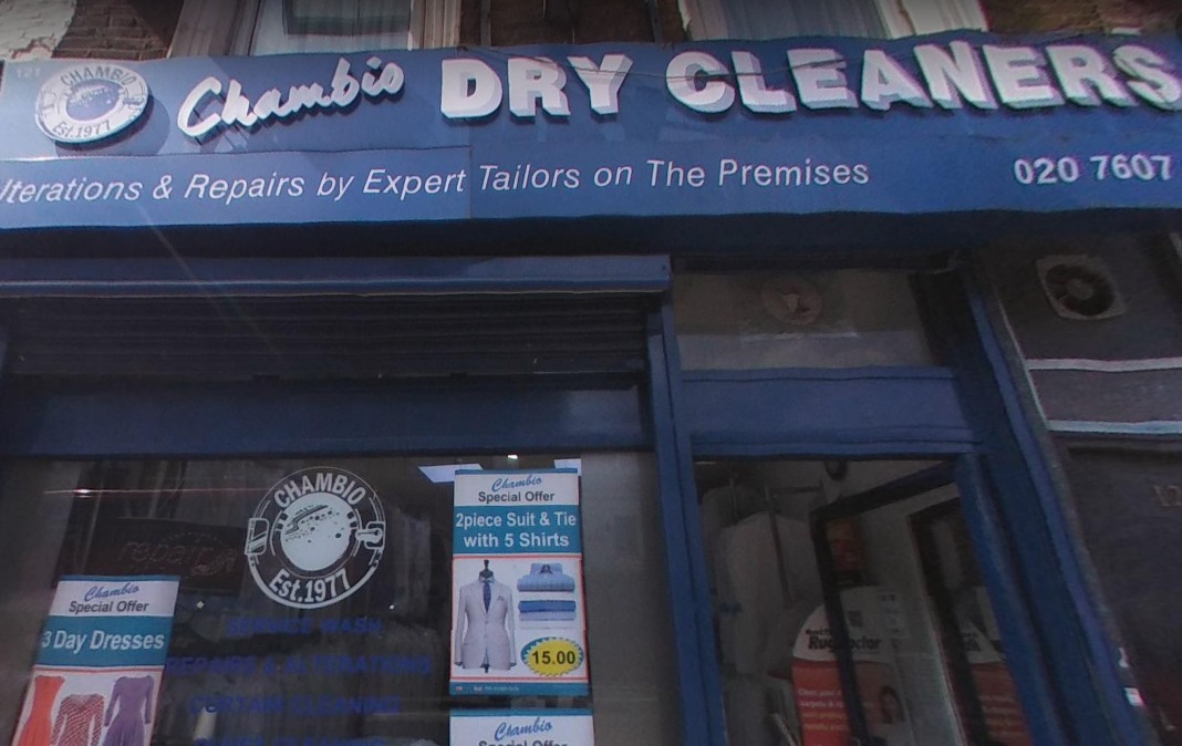 Chambio Dry Cleaners shopfront sign, established 1977, Holloway Road